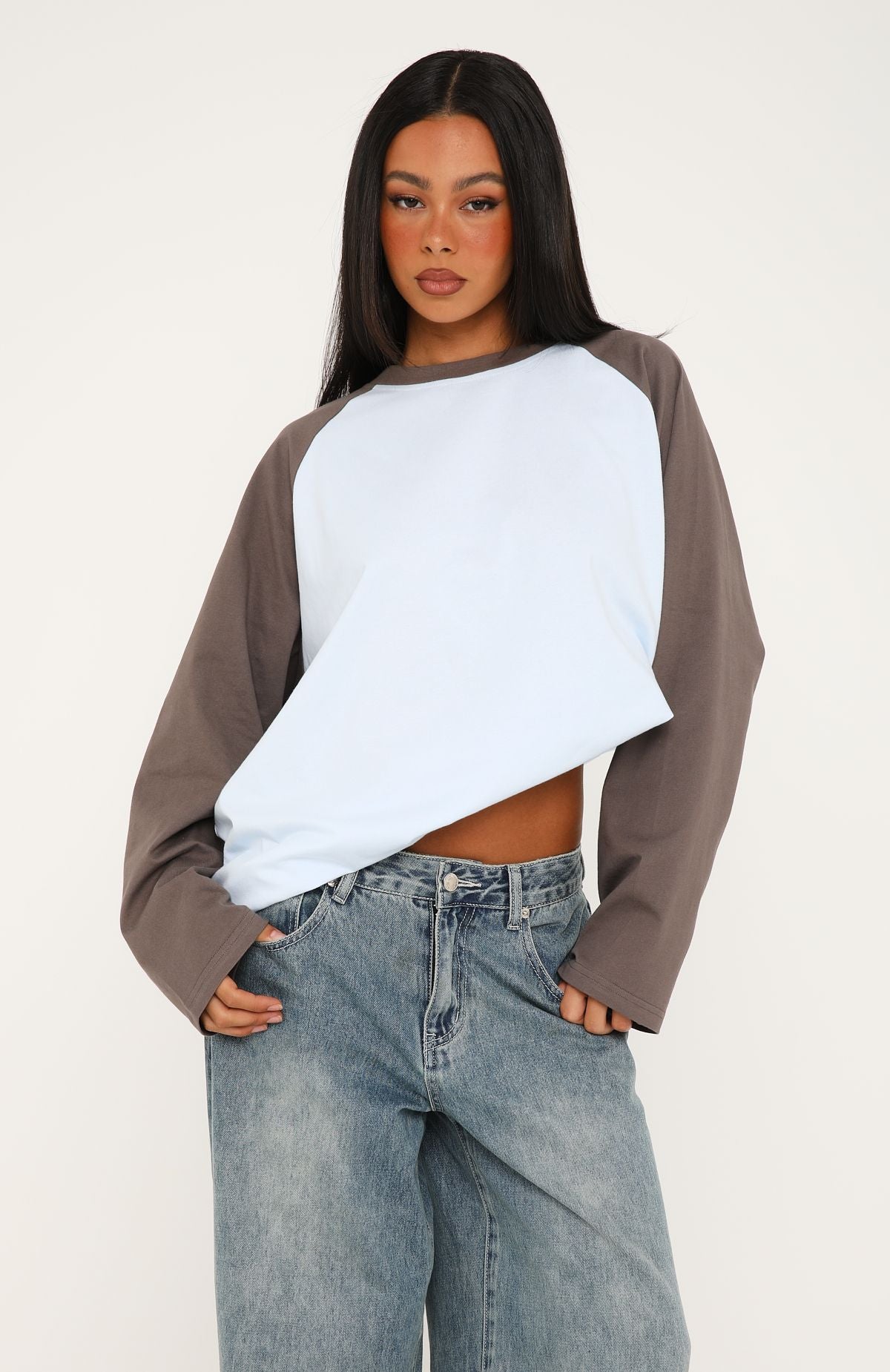 Take Her Out Raglan Long Sleeve Tee Baby Blue/Charcoal