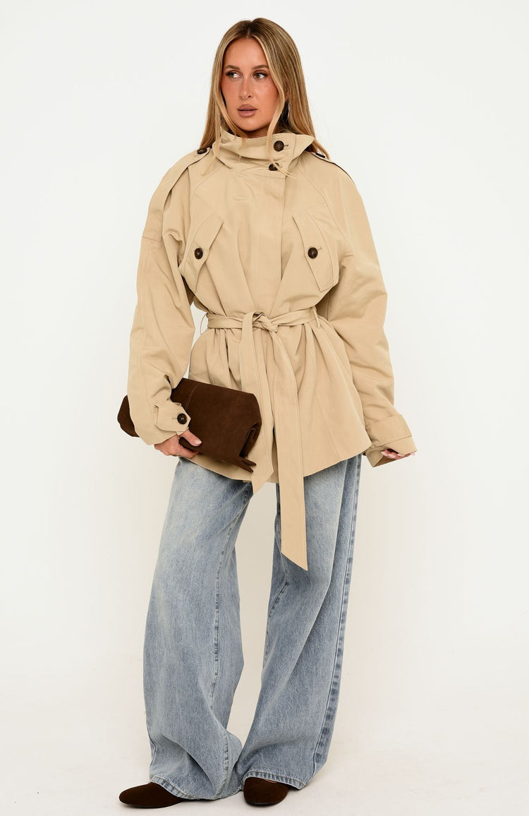 Thessaly Funnel Neck Cropped Trench Jacket Sand