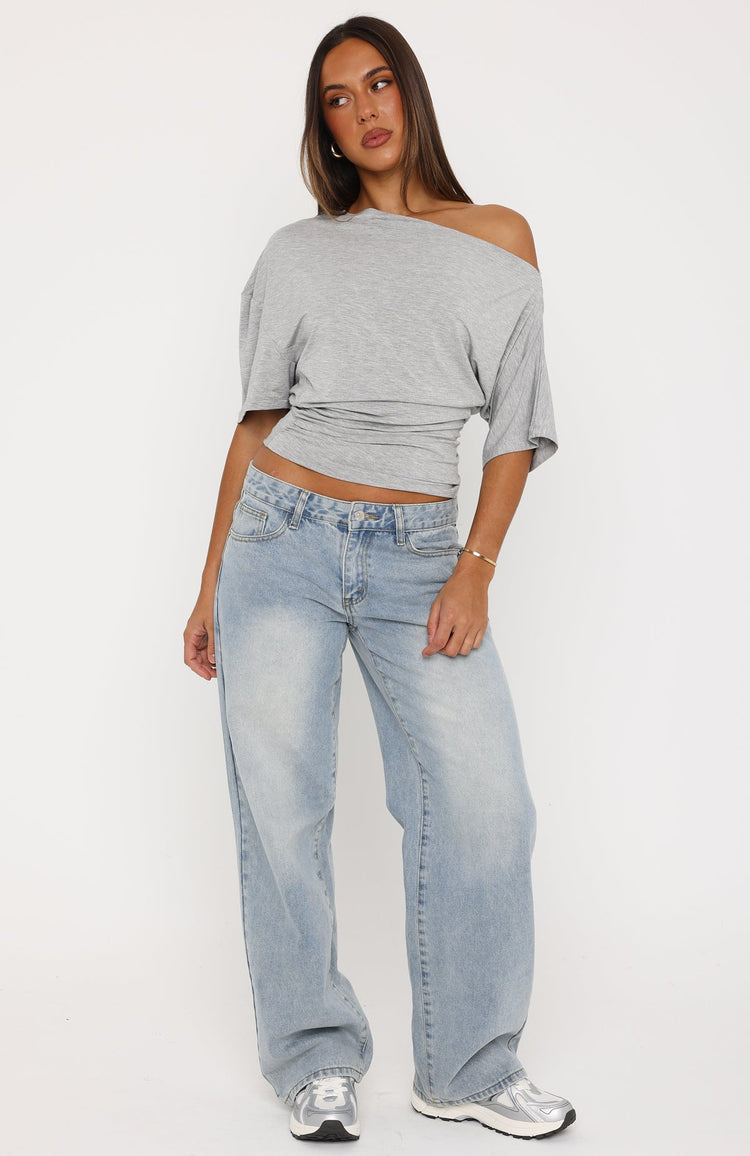 Hype Girl Cinched Waist Off Shoulder Top Grey Marle