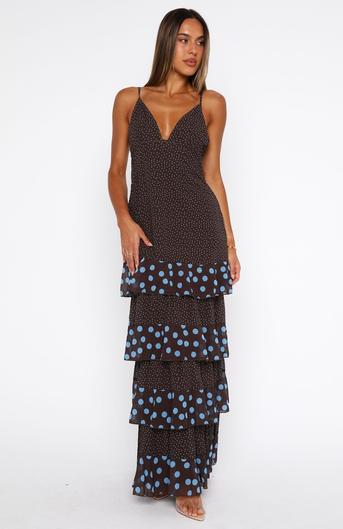 Princess Maxi Dress Chocolate/Blue Polka Dot