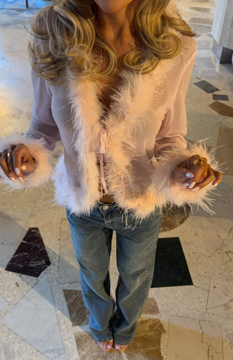 First In Line Long Sleeve Feather Top Baby Pink