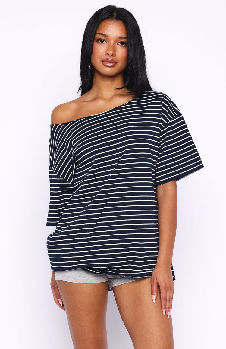 Give Me Options Off Shoulder Tee Navy/White Stripe