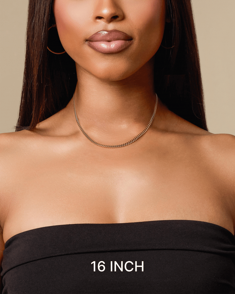 Video clip of woman wearing 16 inch, 18 inch, and 20 inch gold Cuban chain