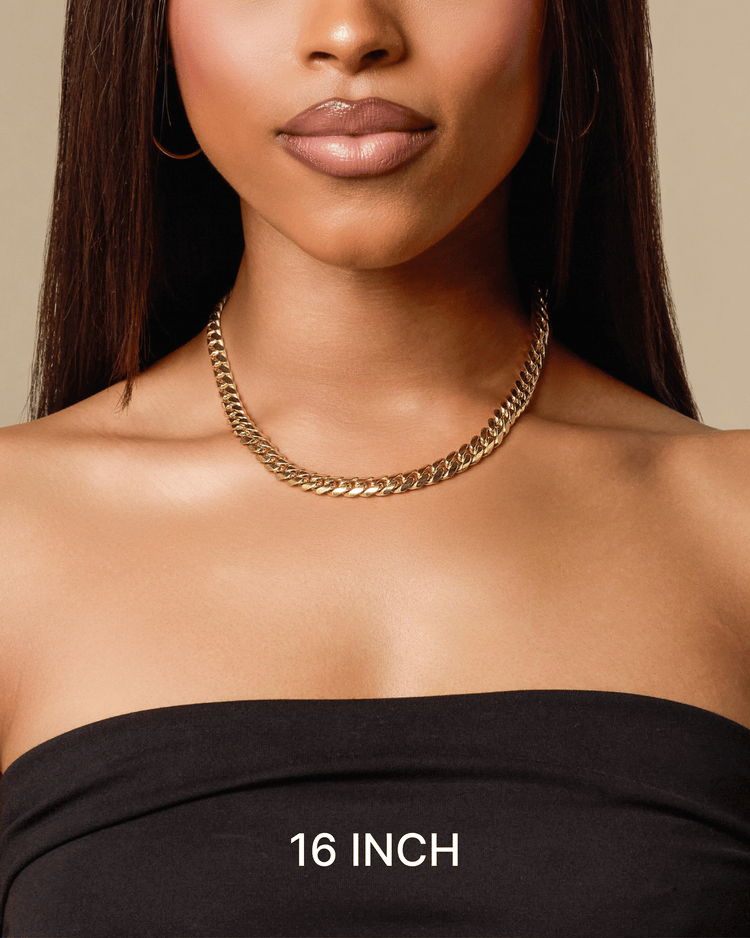 Video clip of woman wearing 16 inch, 18 inch, and 20 inch gold Cuban chain