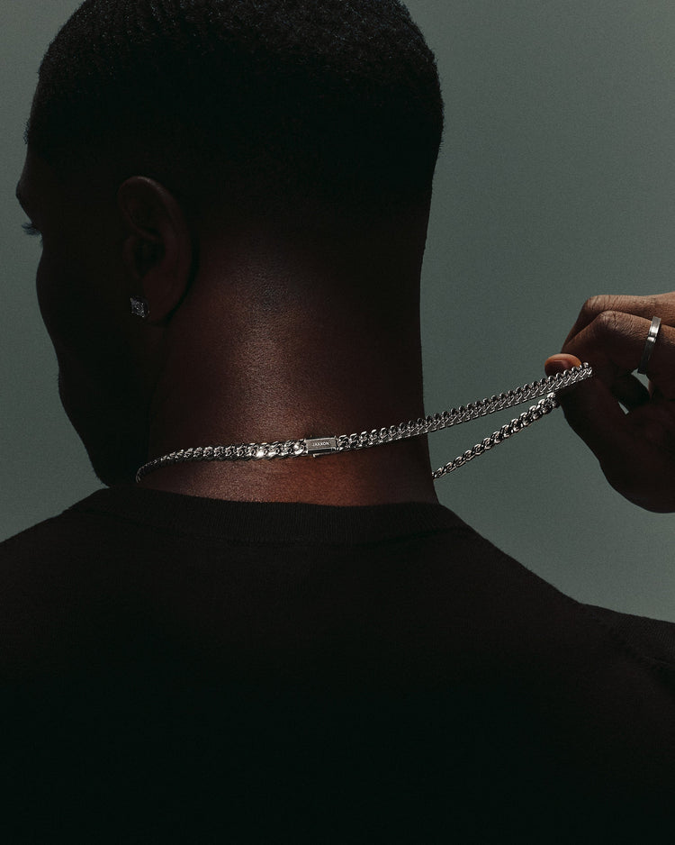 A close-up back view of a person wearing a silver Cuban link chain necklace, with a hand holding one end of the chain near the neck against a dark, muted background.