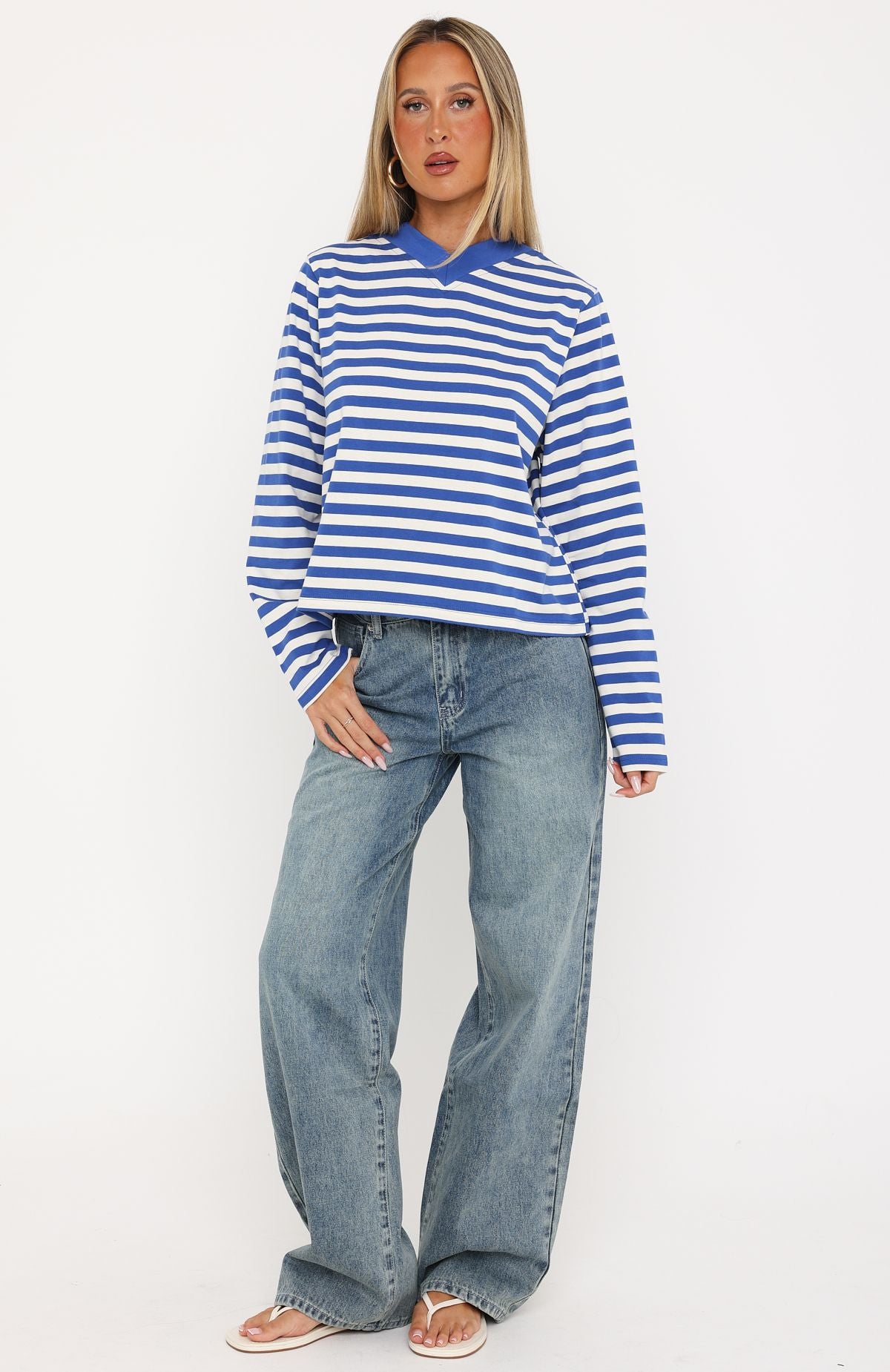 Cozy State Long Sleeve V Neck Tee Cobalt/Off White Stripe