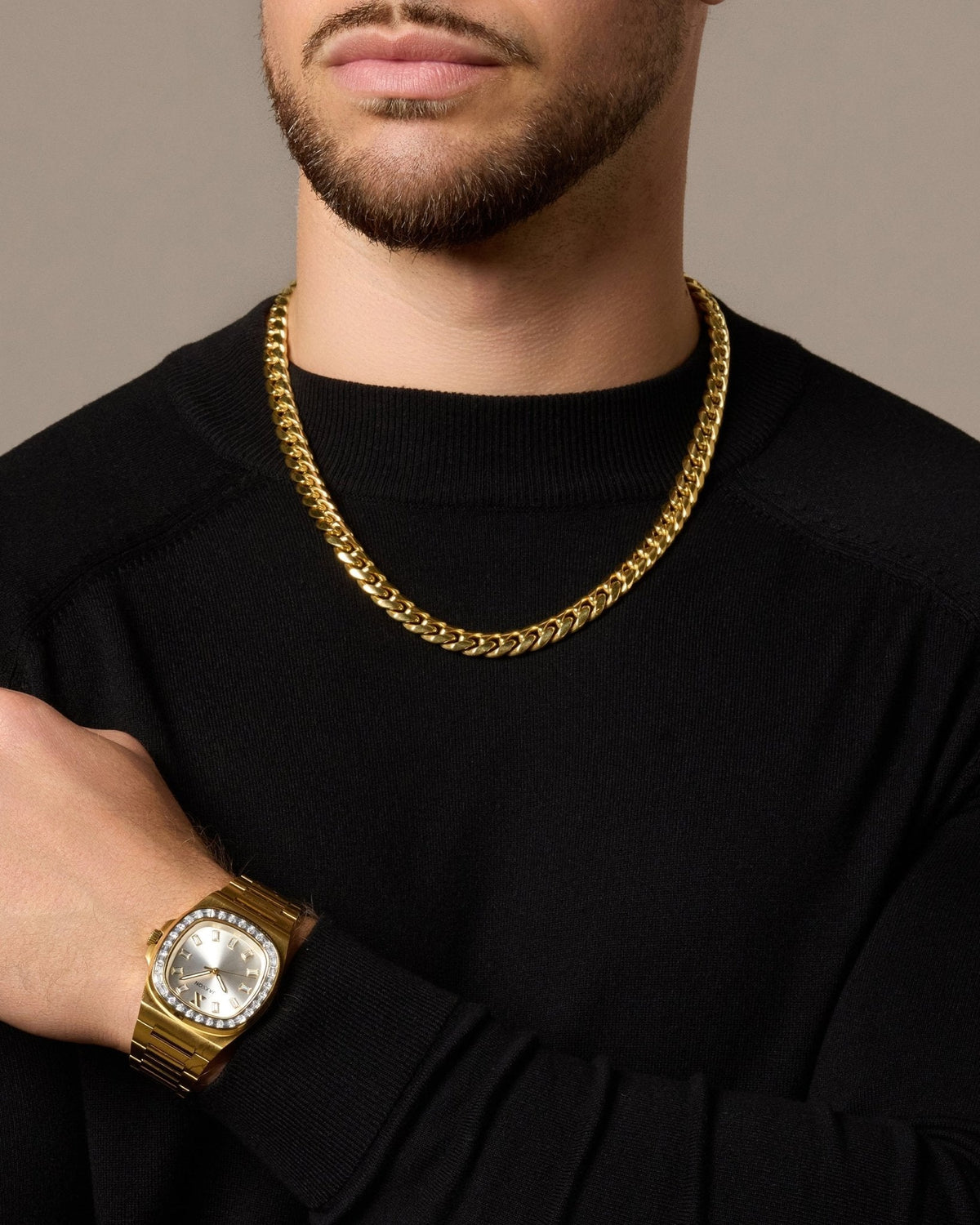 JX1 Automatic Set Bezel Watch + Cuban Link Chain 10mm - JAXXON
