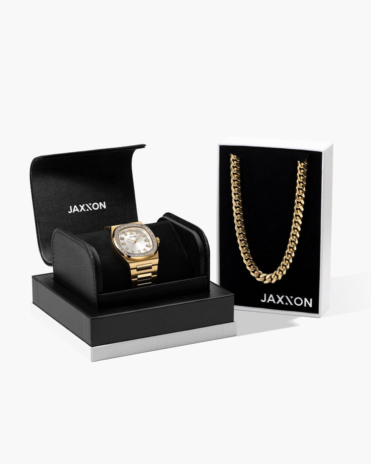 JX1 Automatic Set Bezel Watch + Cuban Link Chain 10mm - JAXXON