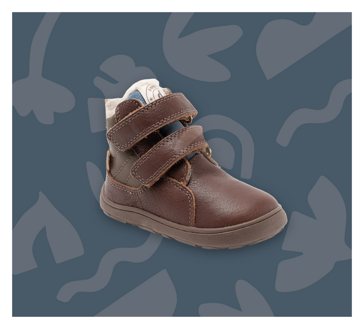 Dark brown cosmos tex barefoot winter boot with two hook-and-loop straps and wool lining