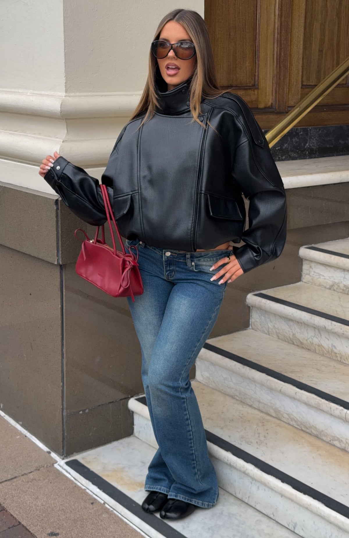Arianna Funnel Neck PU Jacket Black