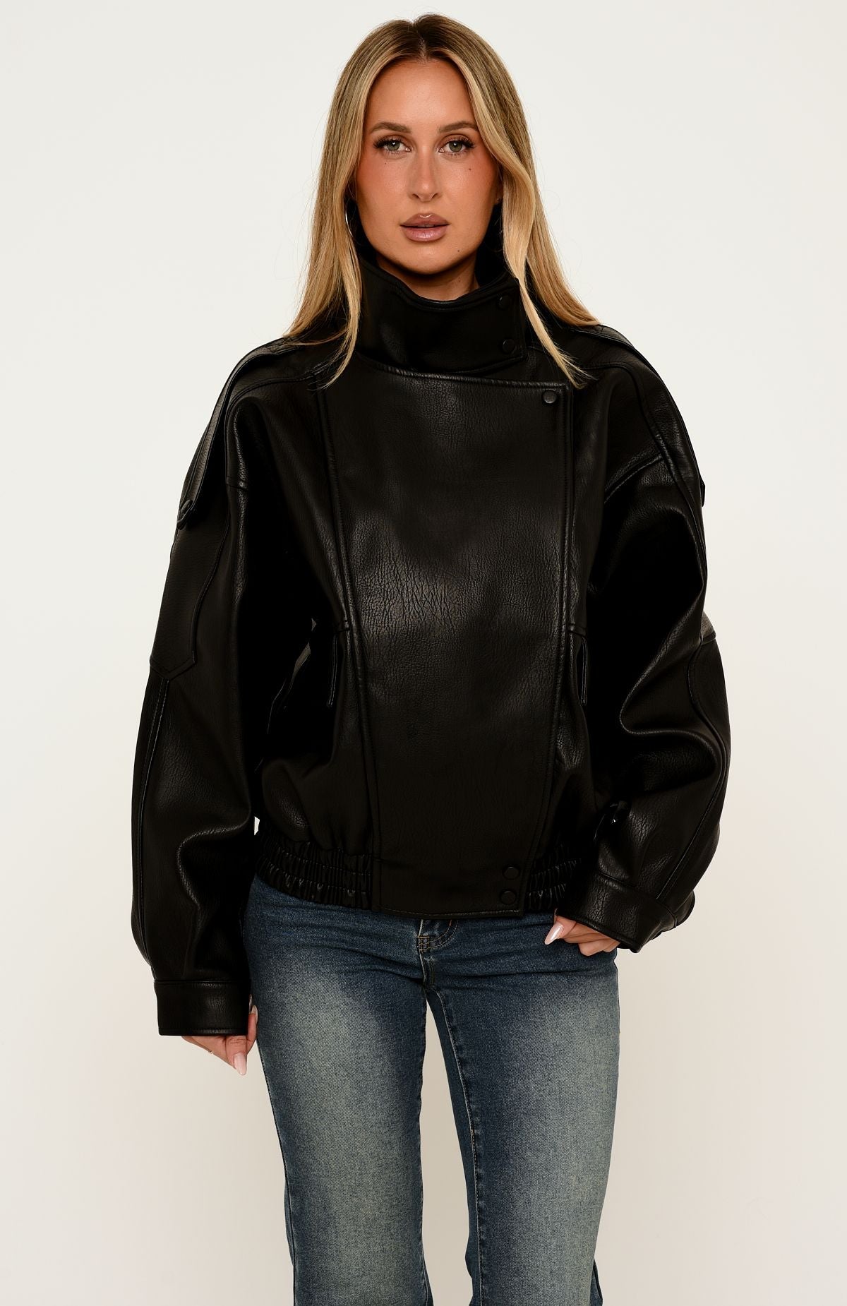 Arianna Funnel Neck PU Jacket Black
