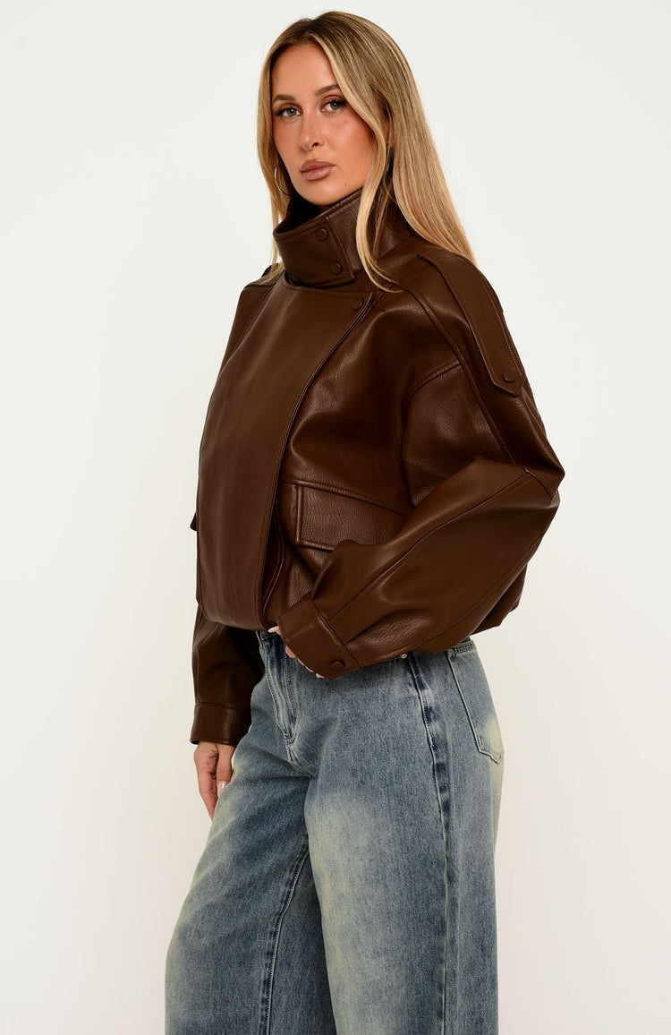 Arianna Funnel Neck PU Jacket Chocolate