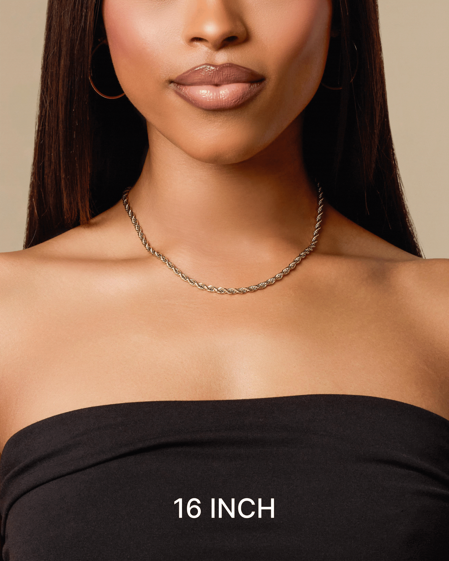 Video clip of woman wearing 16 inch, 18 inch, and 20 inch gold Rope chain