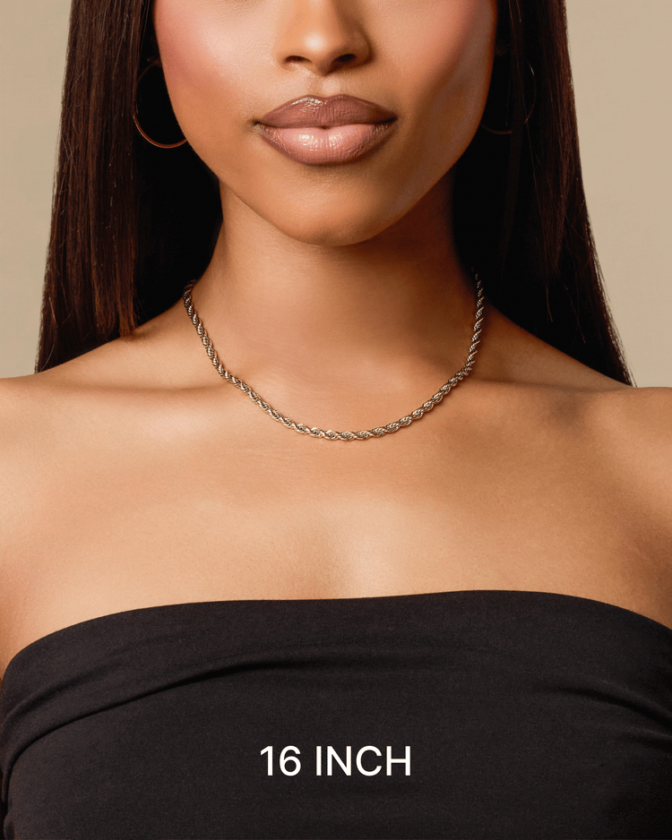 Video clip of woman wearing 16 inch, 18 inch, and 20 inch gold Rope chain