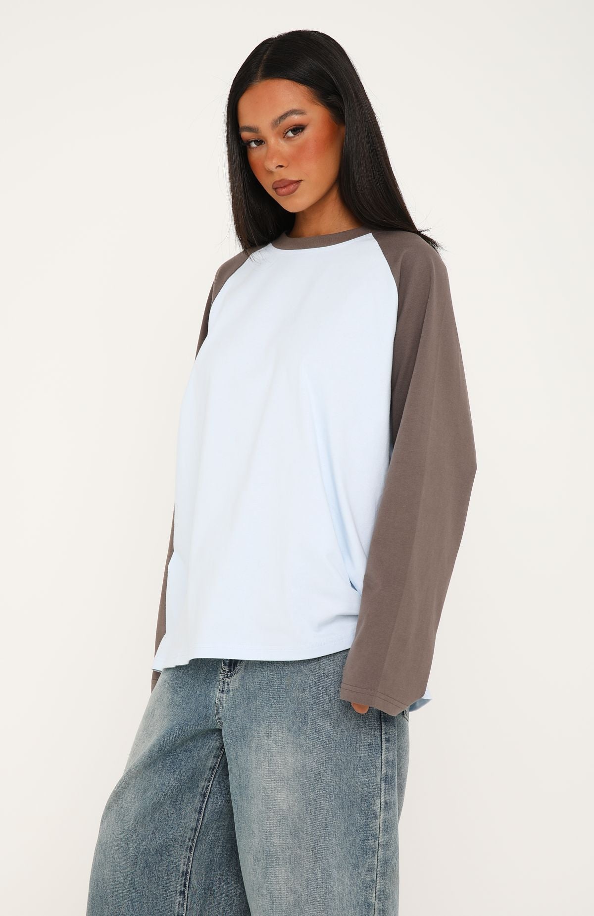 Take Her Out Raglan Long Sleeve Tee Baby Blue/Charcoal
