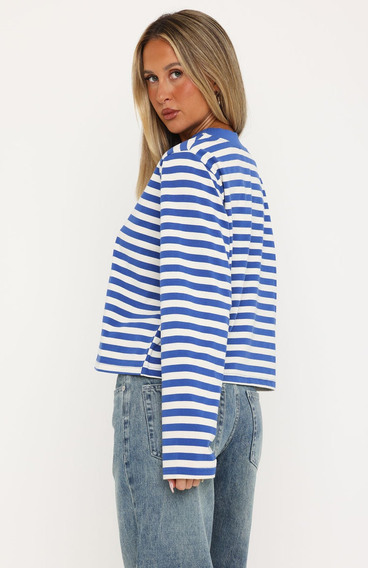 Cozy State Long Sleeve V Neck Tee Cobalt/Off White Stripe