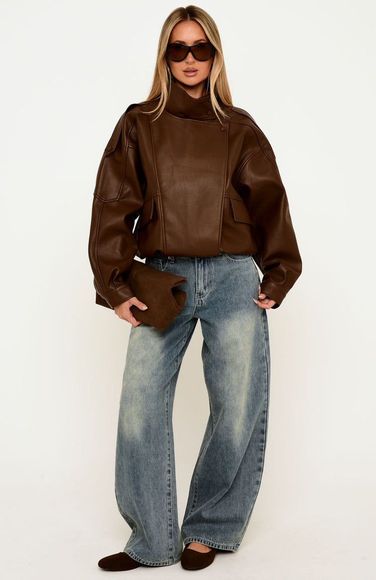 Arianna Funnel Neck PU Jacket Chocolate
