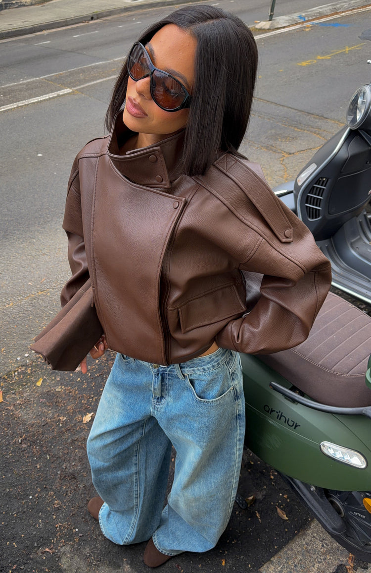 Arianna Funnel Neck PU Jacket Chocolate