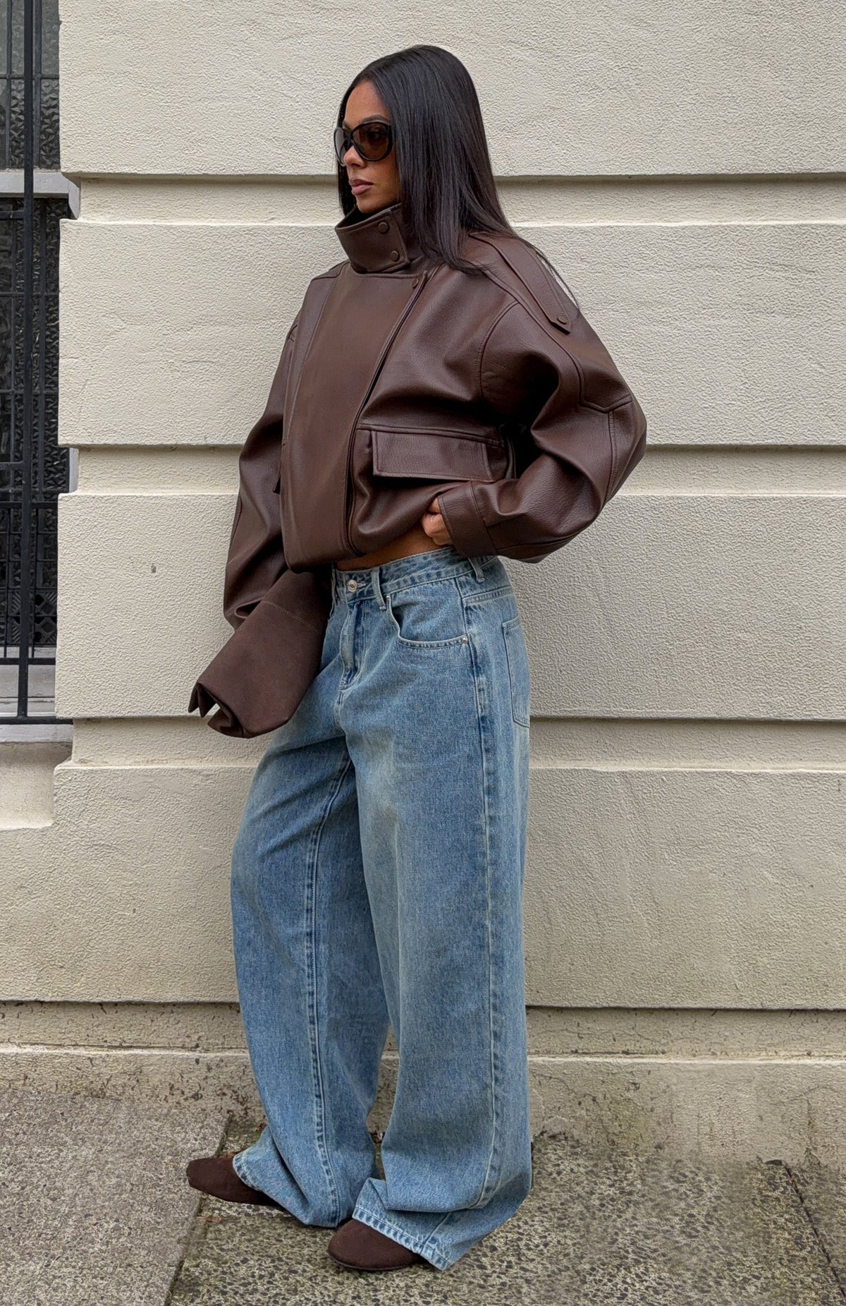 Arianna Funnel Neck PU Jacket Chocolate