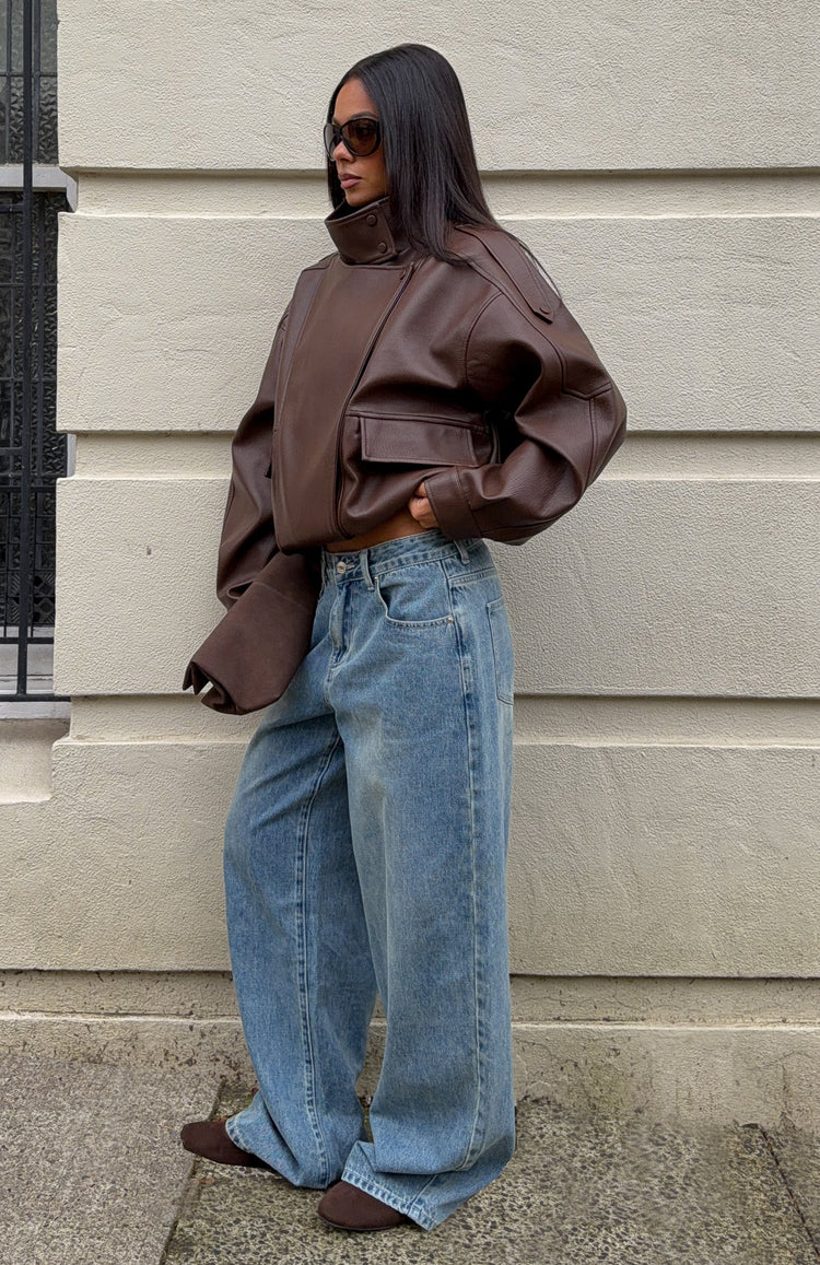 Arianna Funnel Neck PU Jacket Chocolate