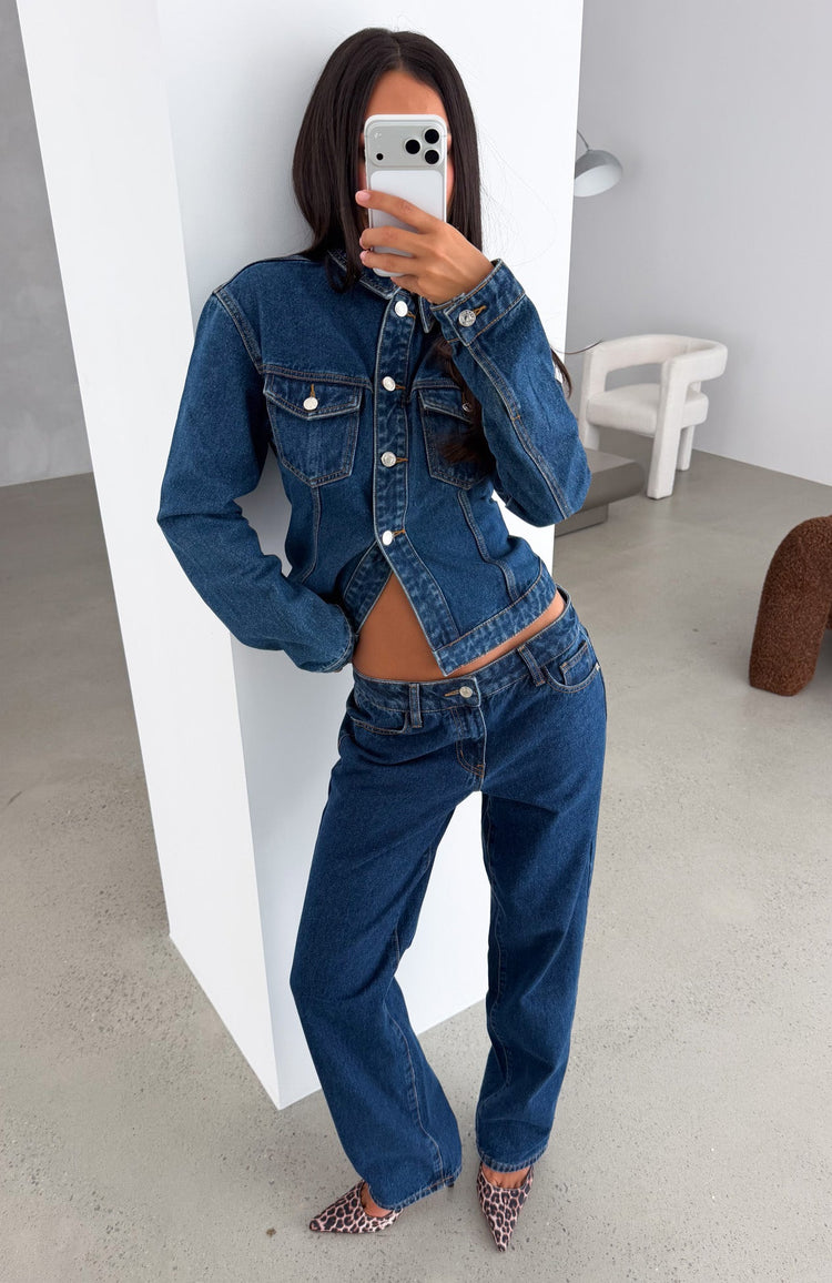 Bring The Style Cinched Denim Jacket Dark Blue Wash