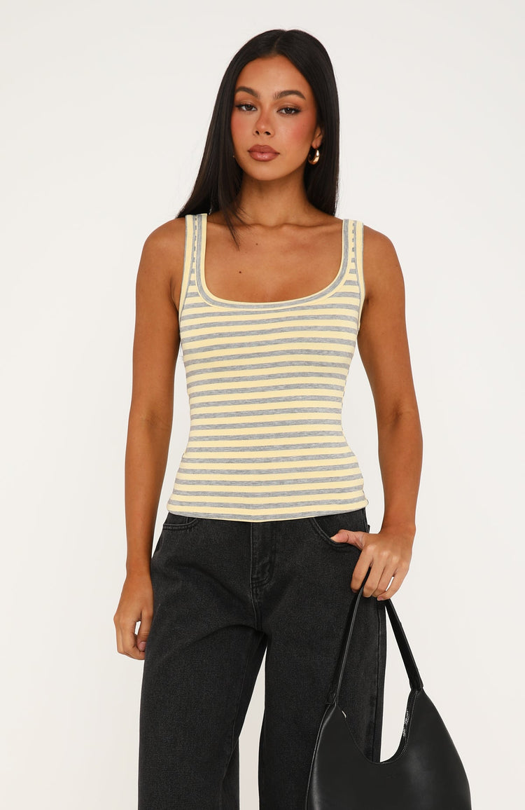 Chill Vibes Stripe Tank Top Lemon/Grey Marle