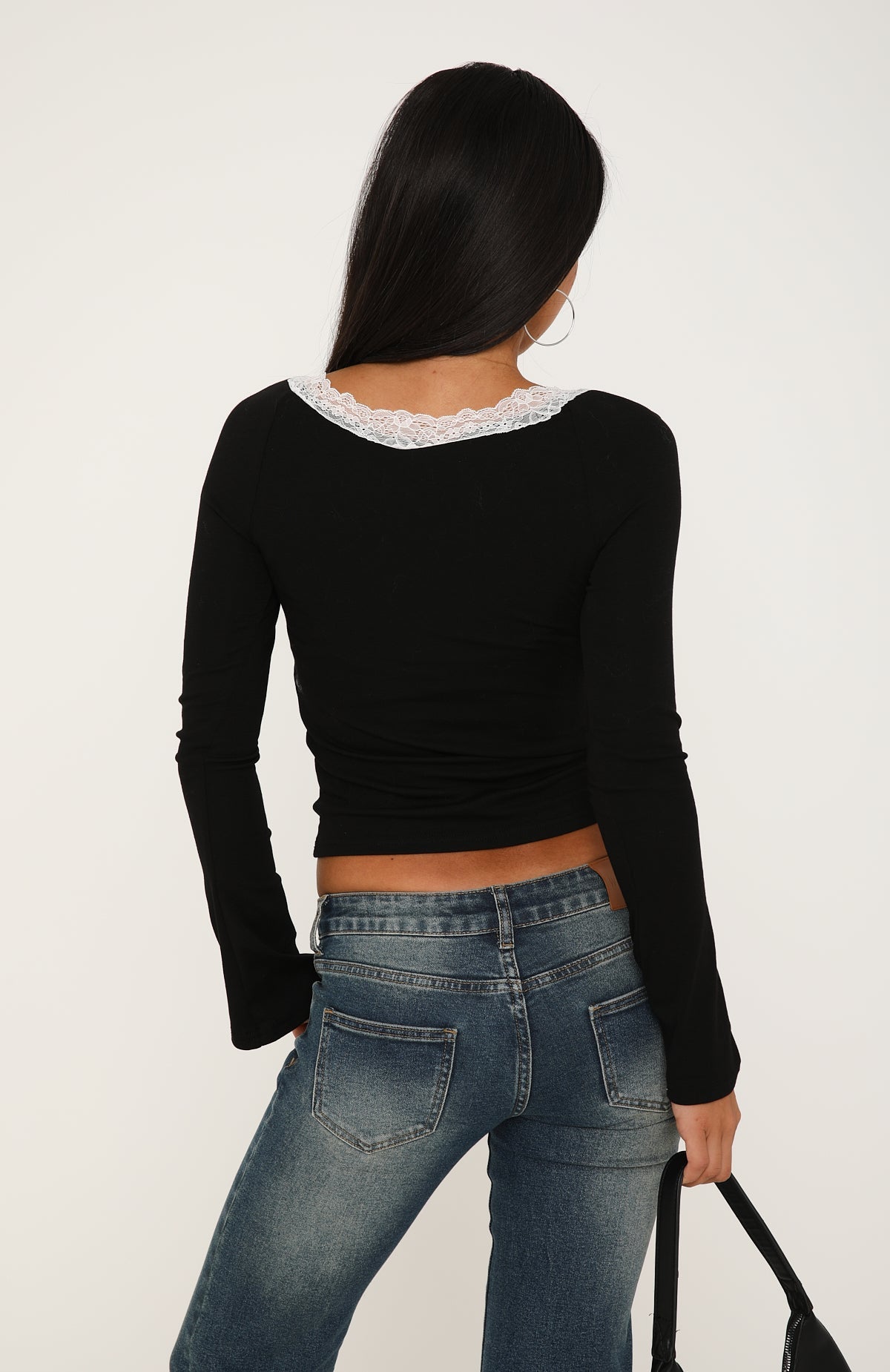 Cuddle Up Lace Trim Long Sleeve Top Black