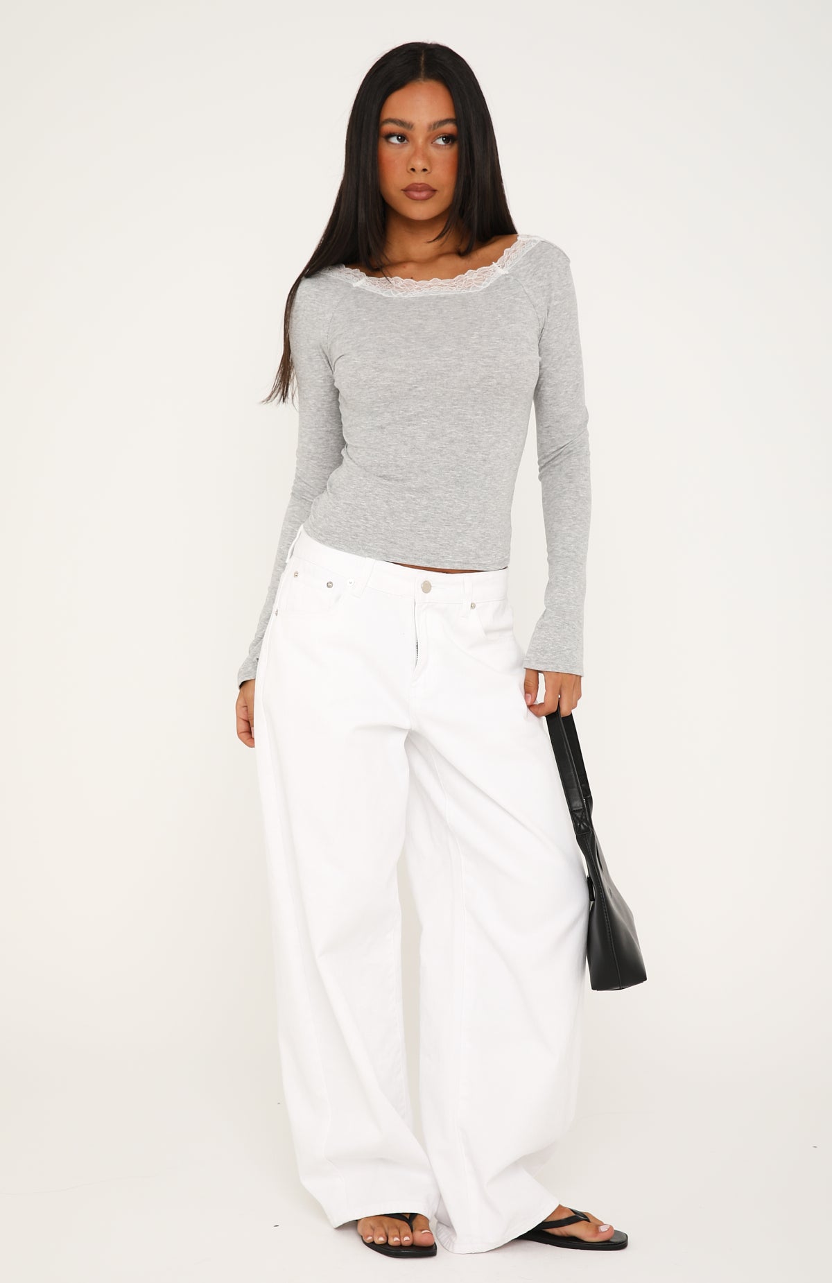 Cuddle Up Lace Trim Long Sleeve Top Grey Marle