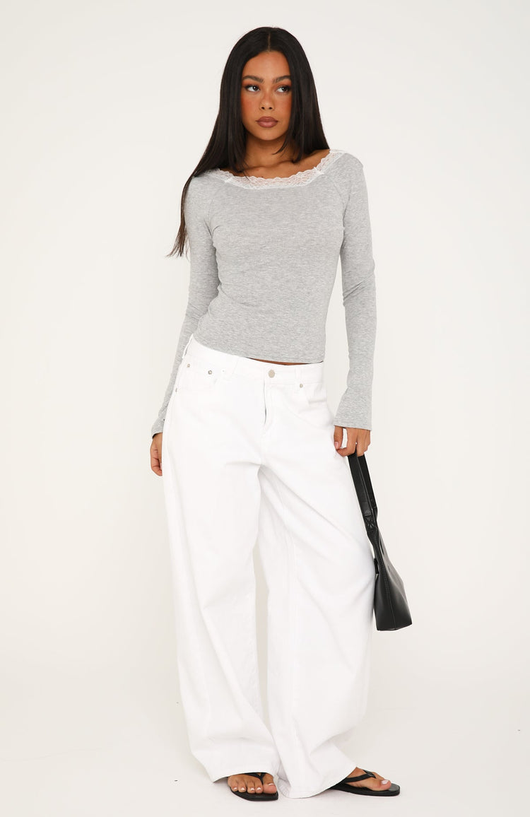 Cuddle Up Lace Trim Long Sleeve Top Grey Marle