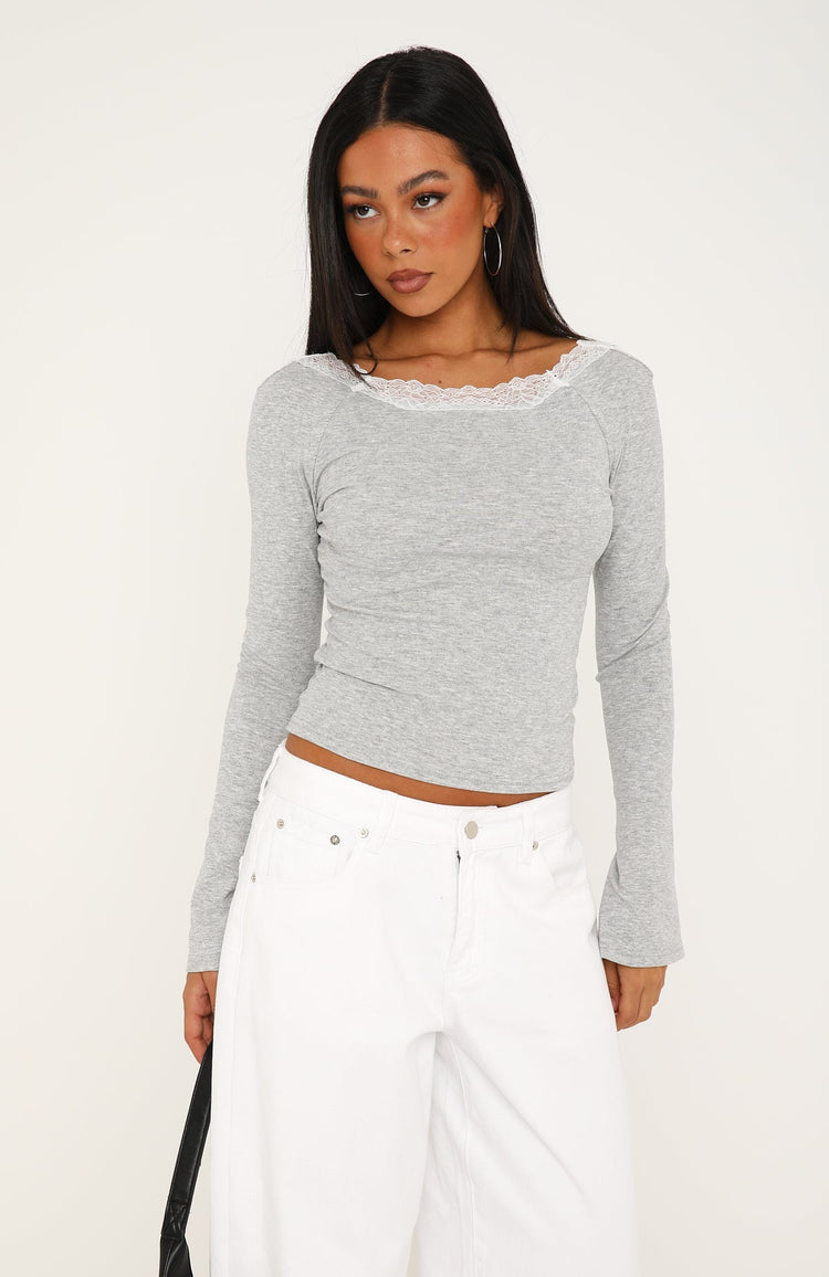 Cuddle Up Lace Trim Long Sleeve Top Grey Marle
