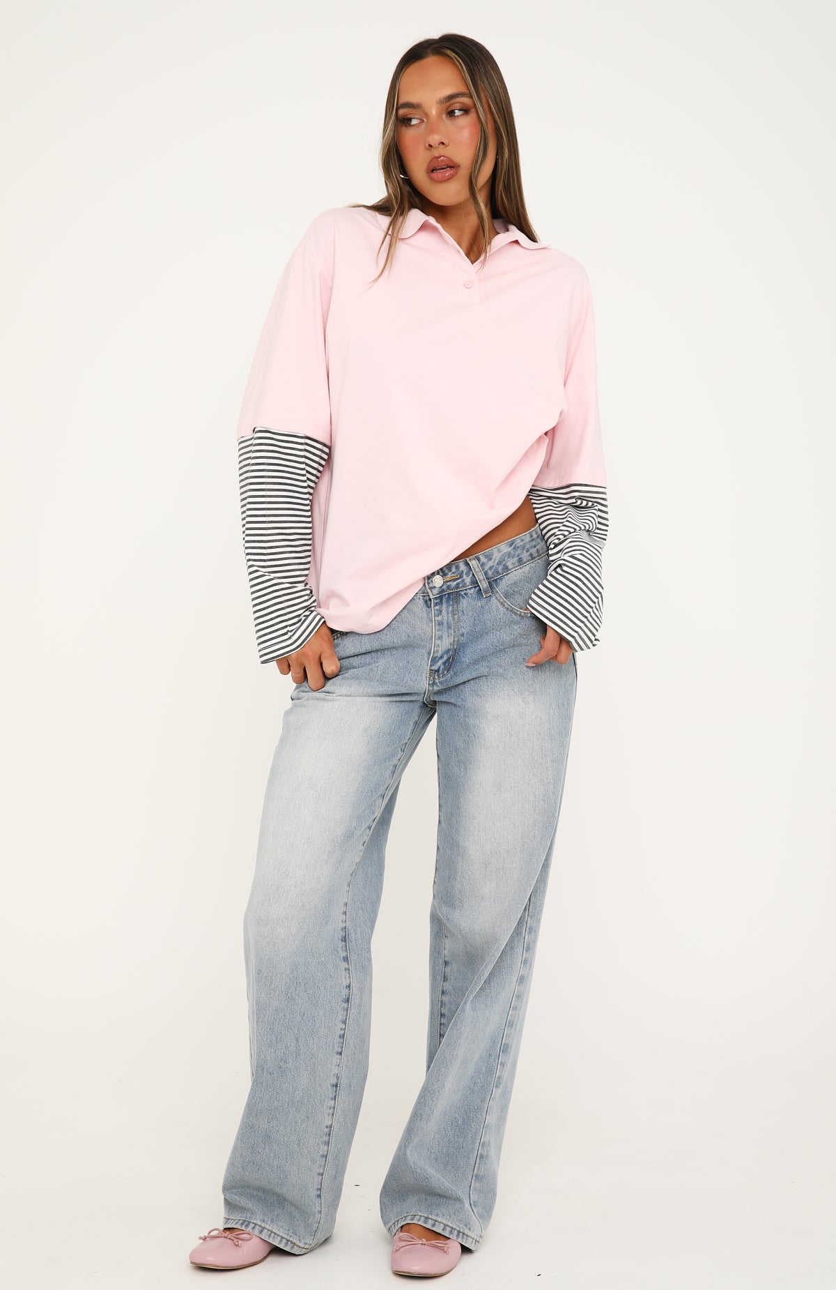 Don't Rush Me Long Sleeve Layered Polo Tee Pink
