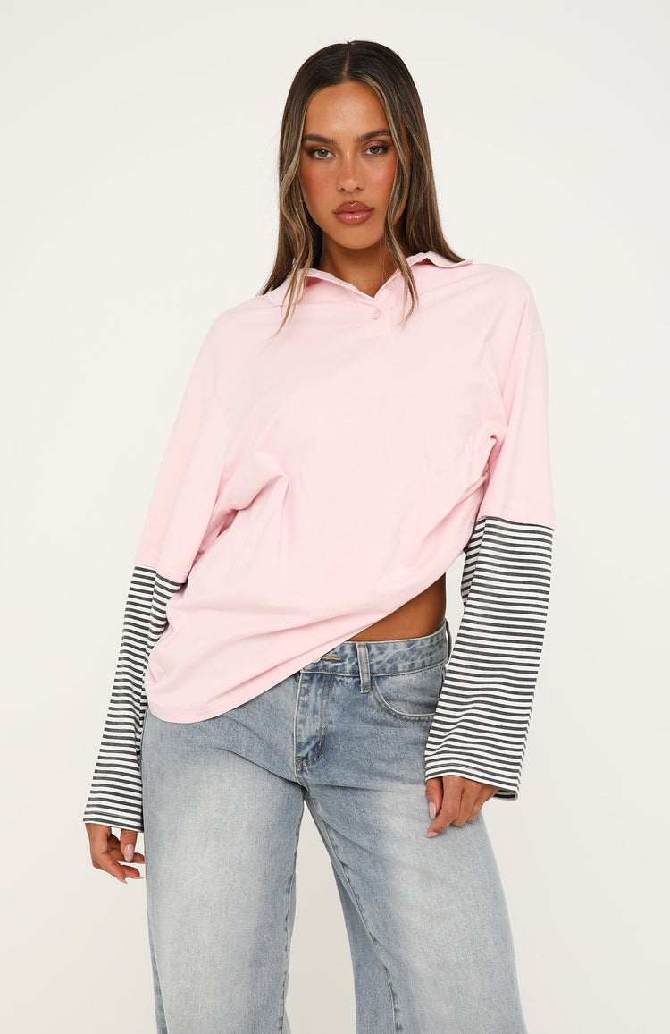 Don't Rush Me Long Sleeve Layered Polo Tee Pink