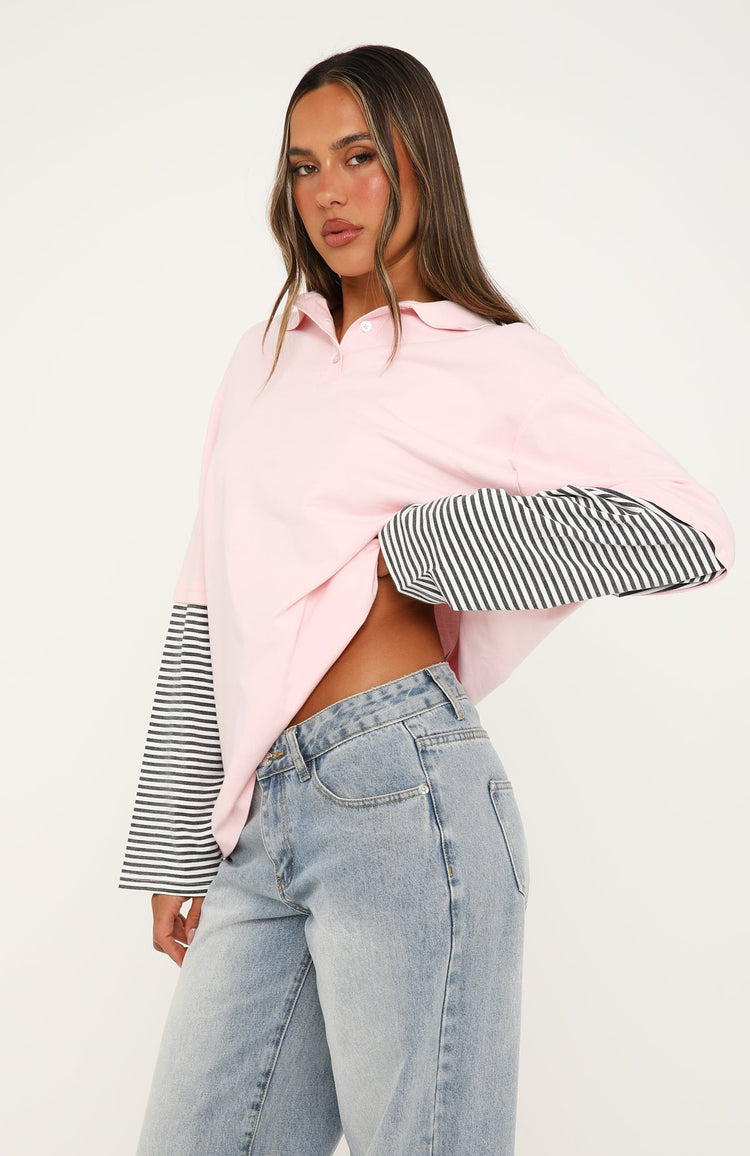 Don't Rush Me Long Sleeve Layered Polo Tee Pink