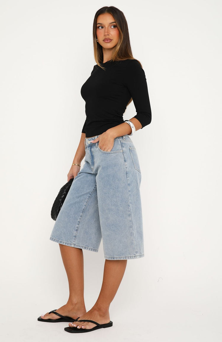 Missed Opportunity Mid Rise Denim Jorts Light Blue Wash