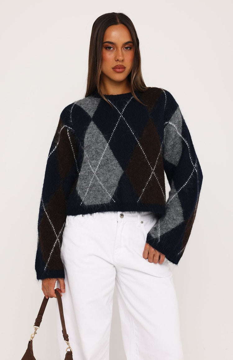 Rosy Glow Argyle Knit Sweater Navy
