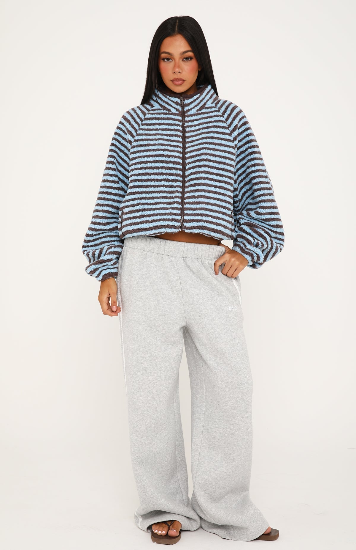 Everything Moves Forward Fleece Zip Front Sweater Blue Stripe