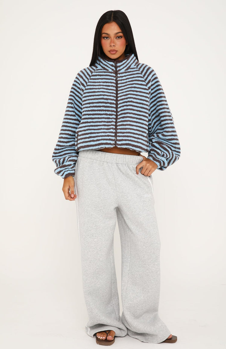 Everything Moves Forward Fleece Zip Front Sweater Blue Stripe