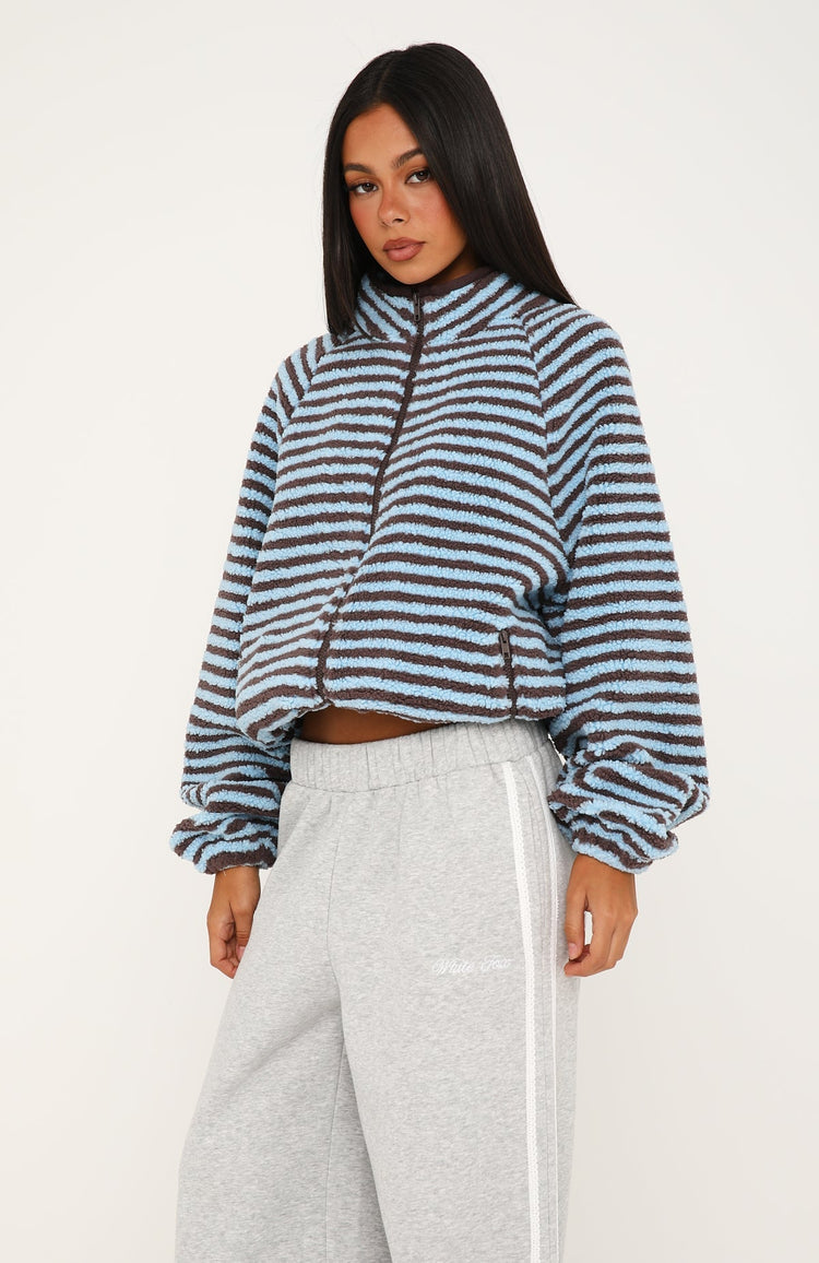 Everything Moves Forward Fleece Zip Front Sweater Blue Stripe