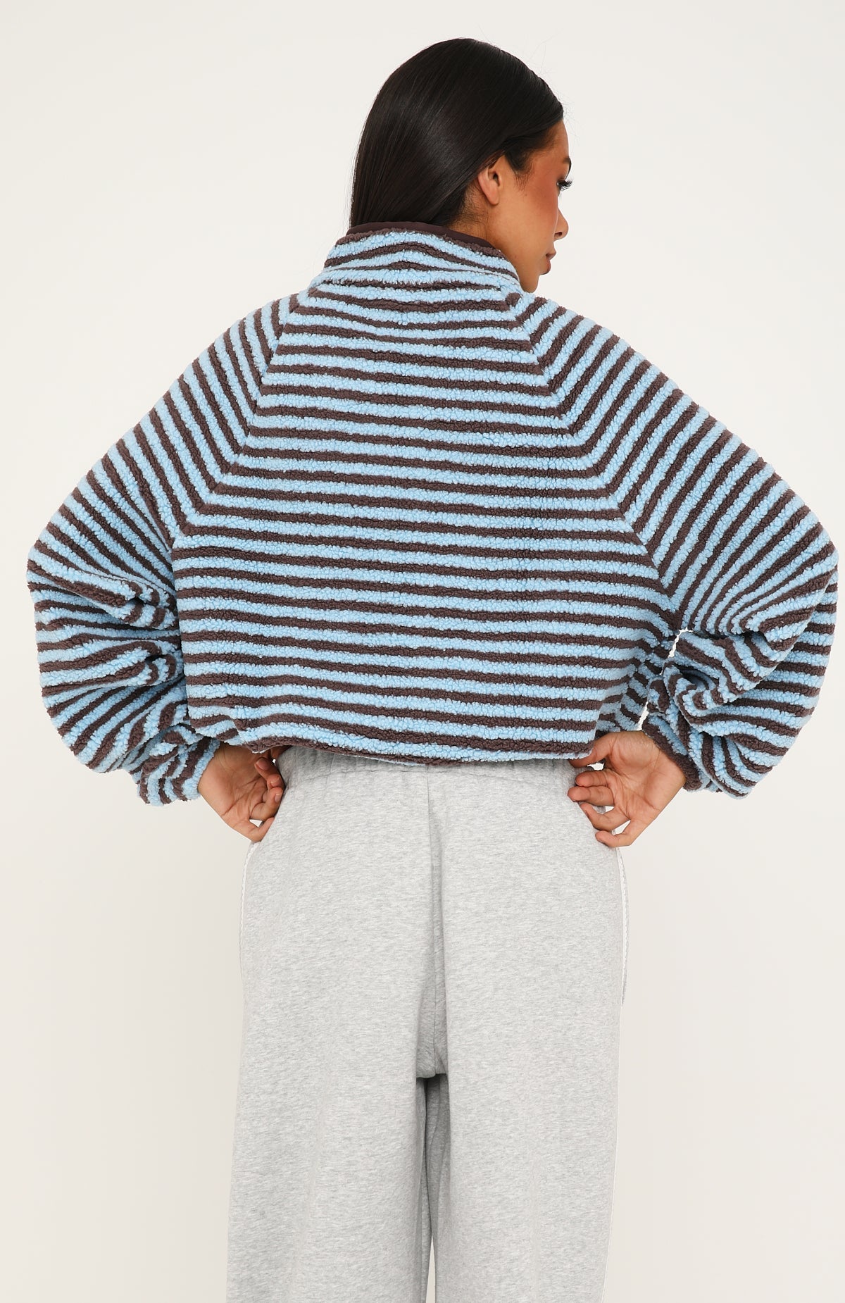 Everything Moves Forward Fleece Zip Front Sweater Blue Stripe