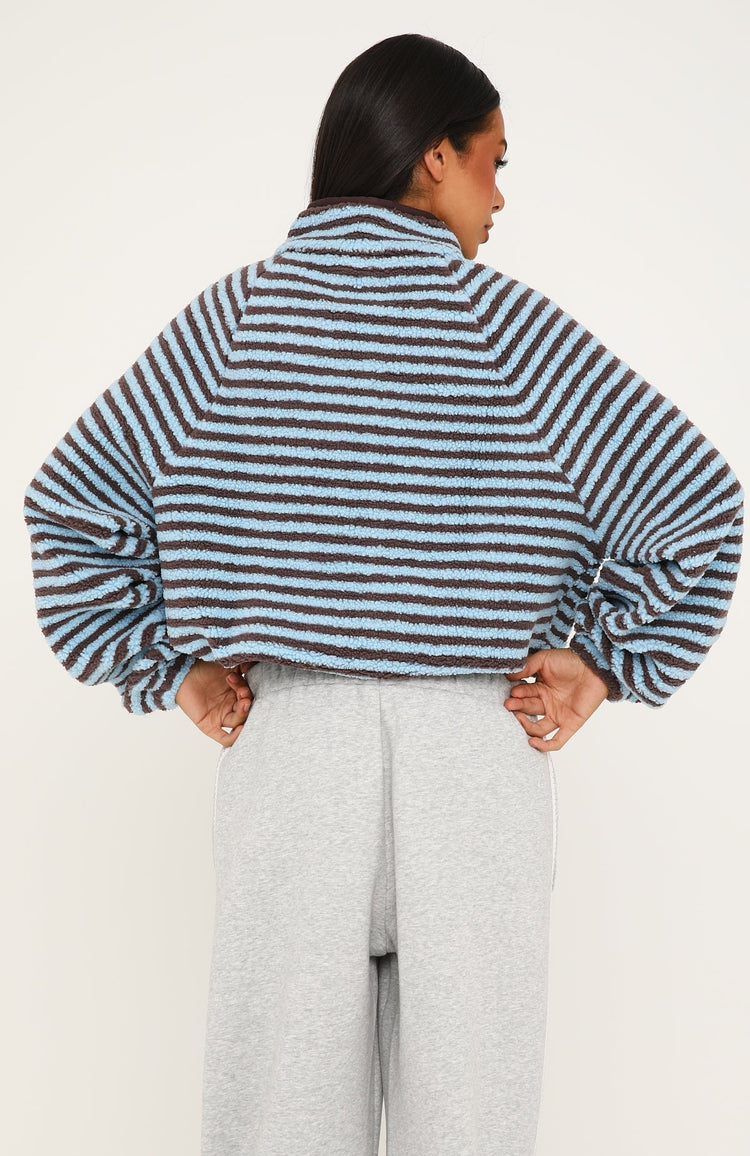 Everything Moves Forward Fleece Zip Front Sweater Blue Stripe