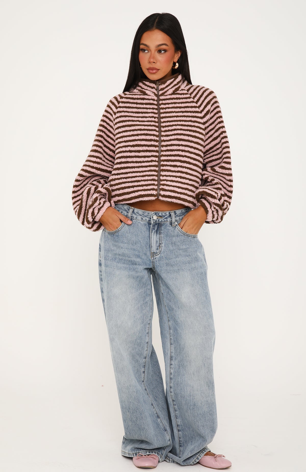 Everything Moves Forward Fleece Zip Front Sweater Pink Stripe