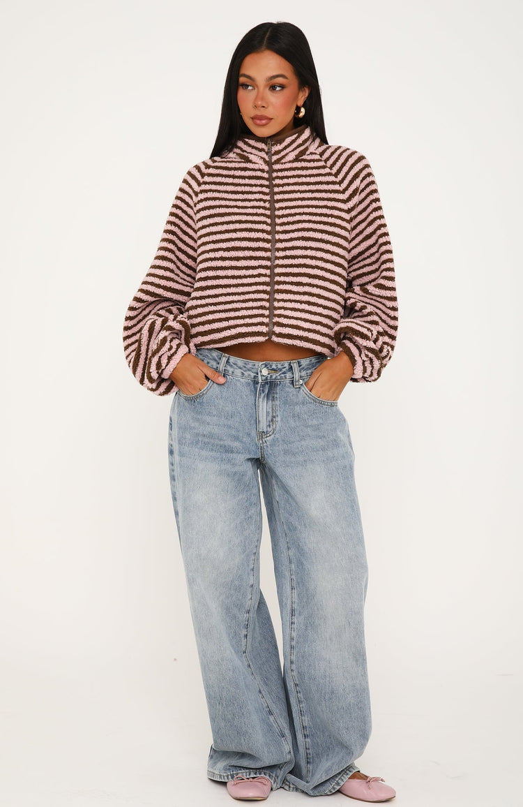 Everything Moves Forward Fleece Zip Front Sweater Pink Stripe