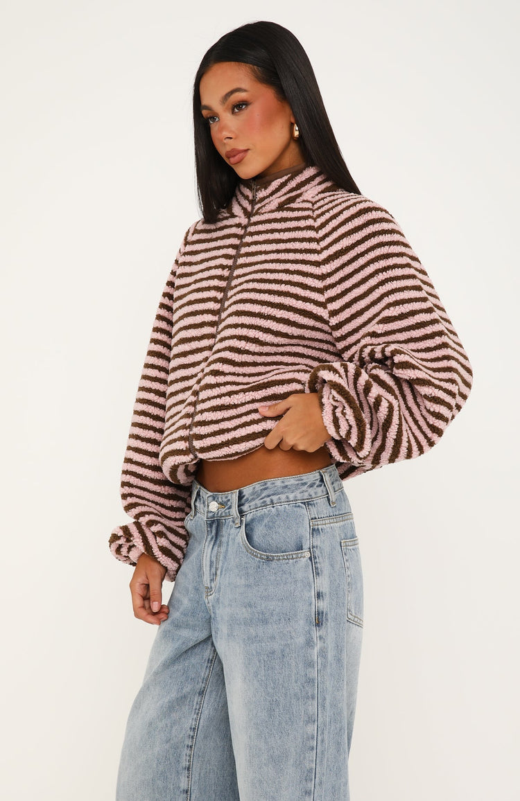 Everything Moves Forward Fleece Zip Front Sweater Pink Stripe