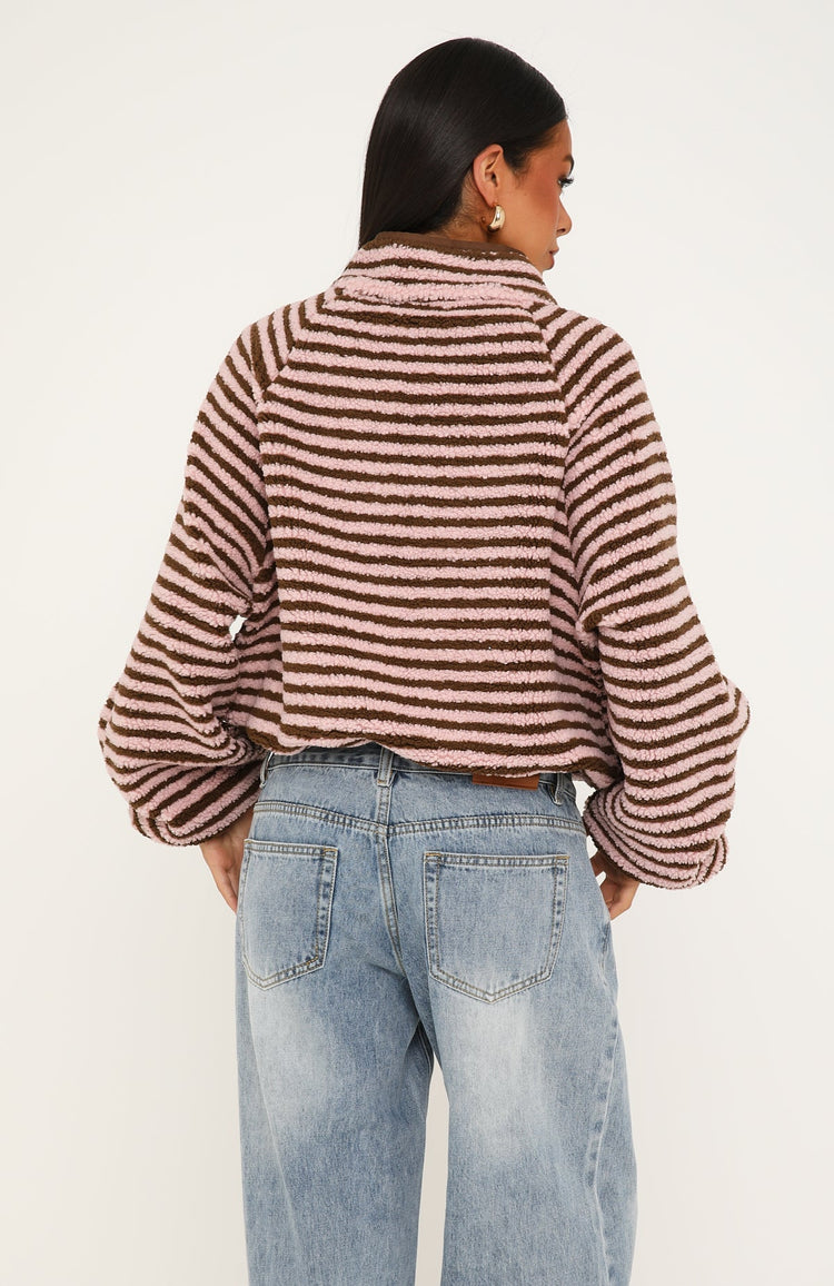 Everything Moves Forward Fleece Zip Front Sweater Pink Stripe