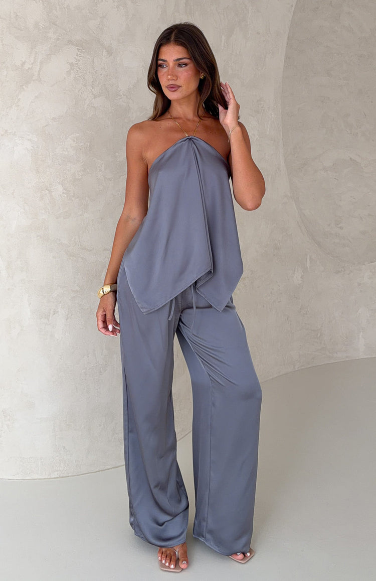 Fallen Glance Satin Wide Leg Pants Charcoal