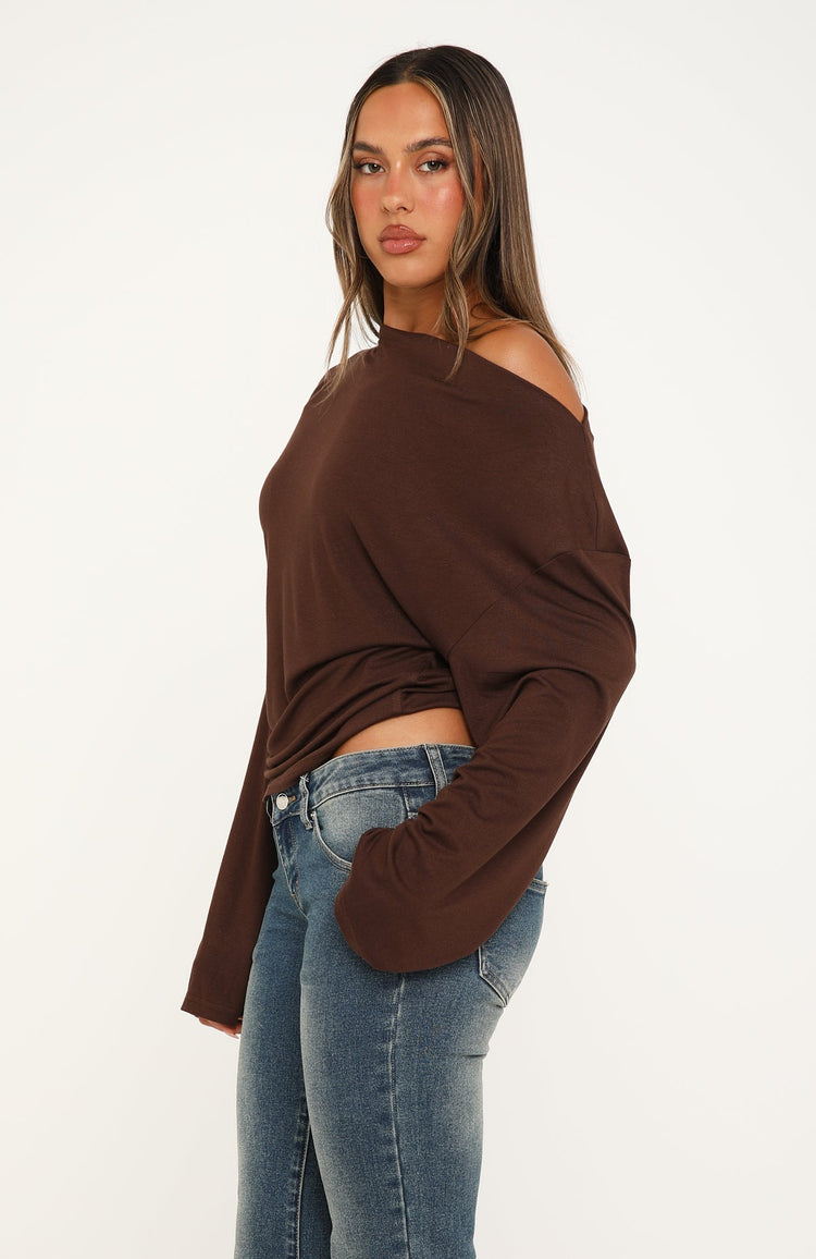 If You Insist Off Shoulder Long Sleeve Top Chocolate