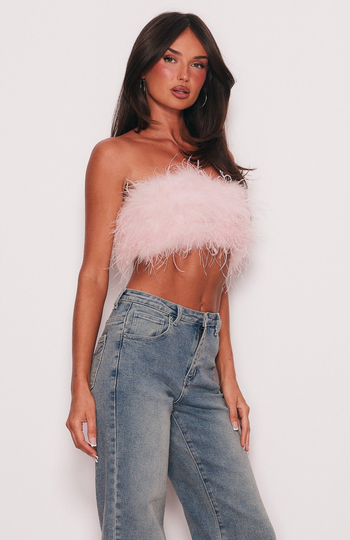In A Fever Dream Top Strapless Feather Top Baby Pink