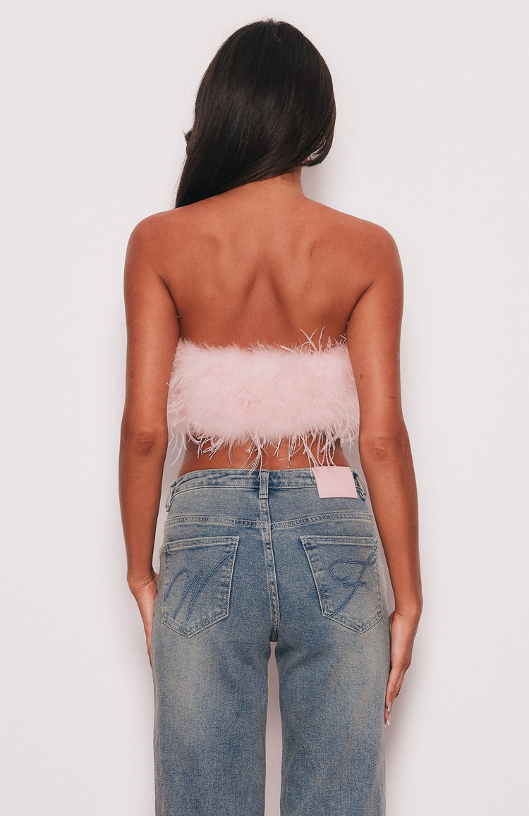In A Fever Dream Top Strapless Feather Top Baby Pink