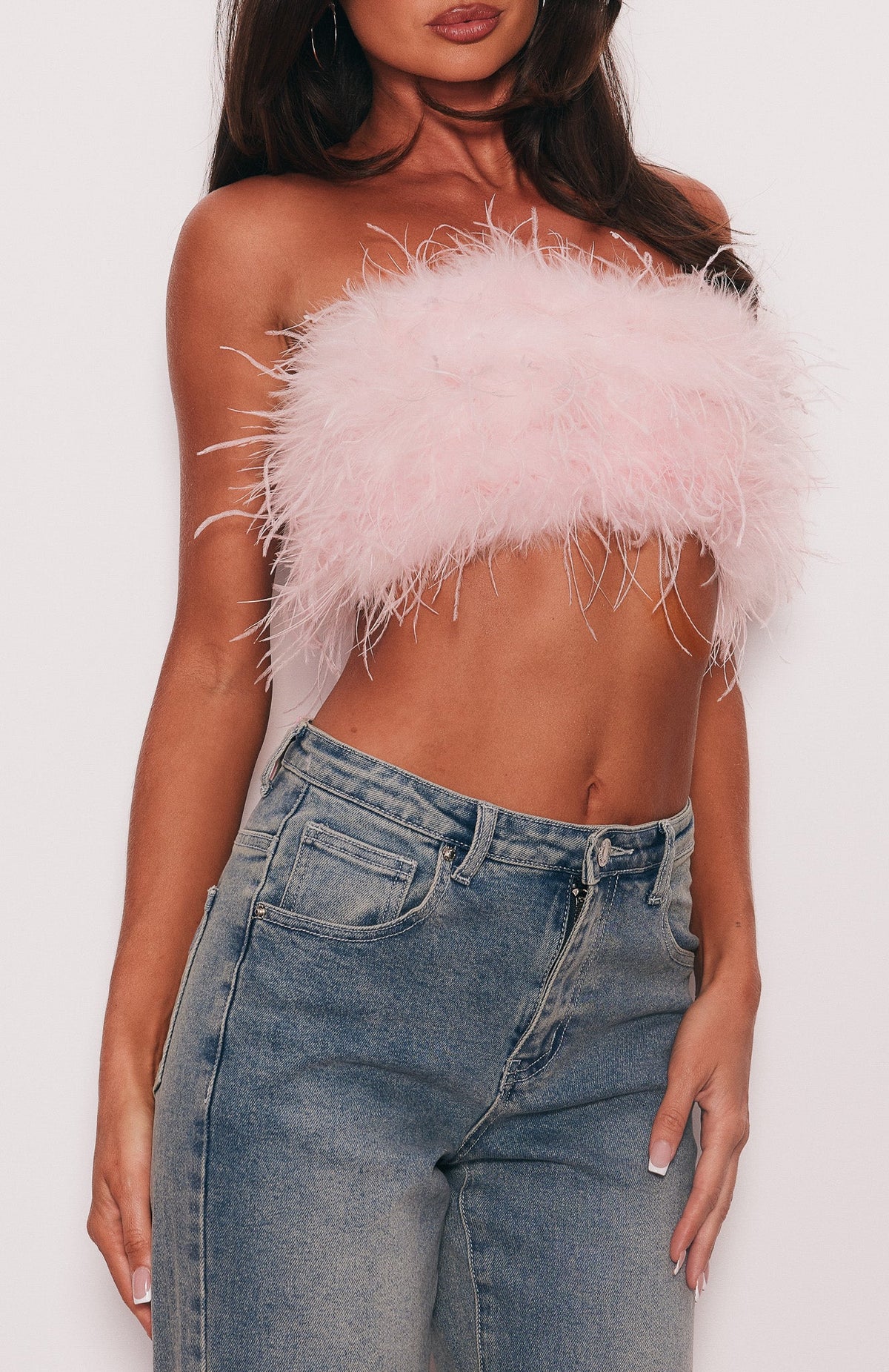 In A Fever Dream Top Strapless Feather Top Baby Pink