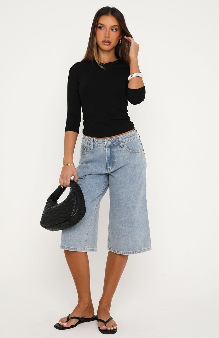 Missed Opportunity Mid Rise Denim Jorts Light Blue Wash